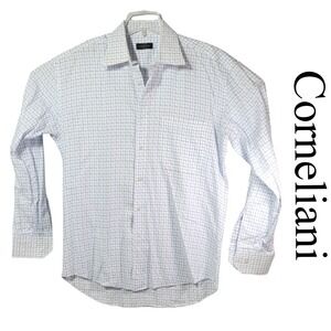 Corneliani Dress Shirt Mens 17 43 Blue White Cotton Grid Italy Luxury Classic